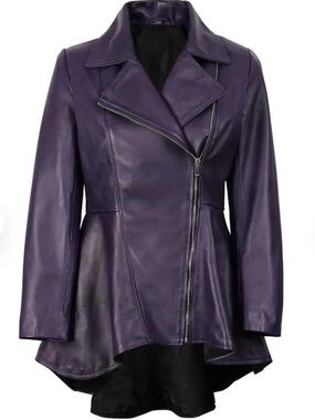 NWT Women’s Asymmetrical Peplum Purple Leather Jacket with small imperfections